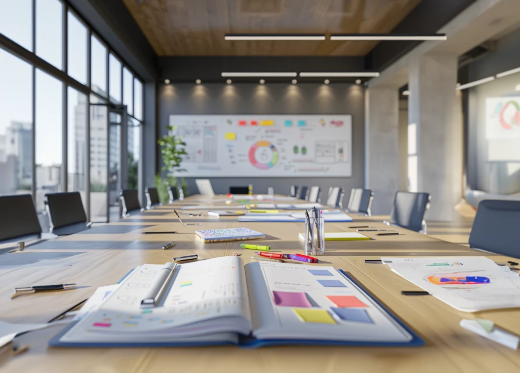 Anleitungen: Ein moderner Konferenzraum mit einem langen Tisch, auf dem farbenfrohe Notizbücher, Stifte und andere Büromaterialien liegen. Im Hintergrund ist eine Tafel mit Diagrammen und Notizen zu sehen.