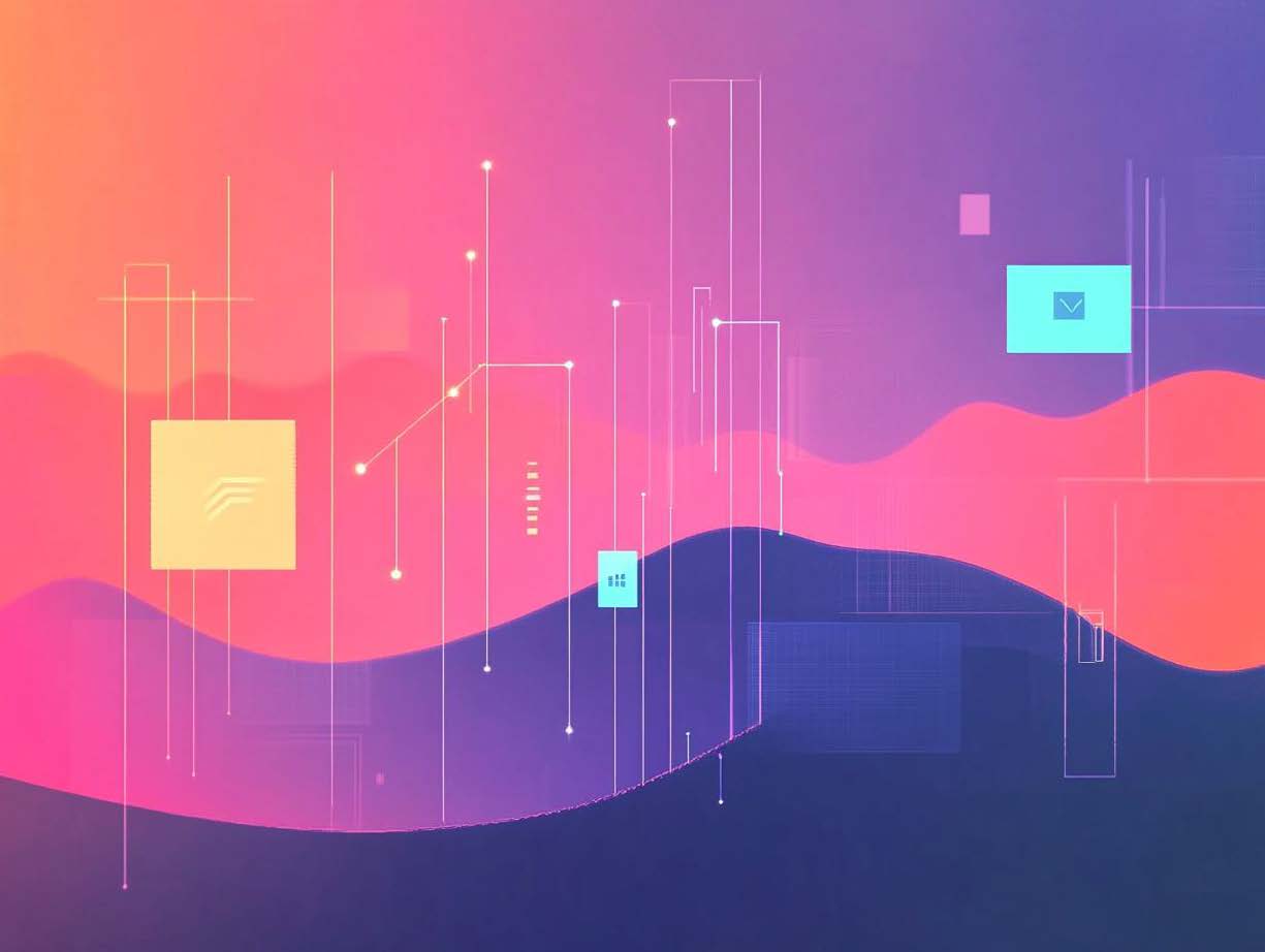Futuristisches abstraktes digitales Design mit leuchtenden geometrischen Formen in Pink, Blau und Gelb auf dunklem Hintergrund.