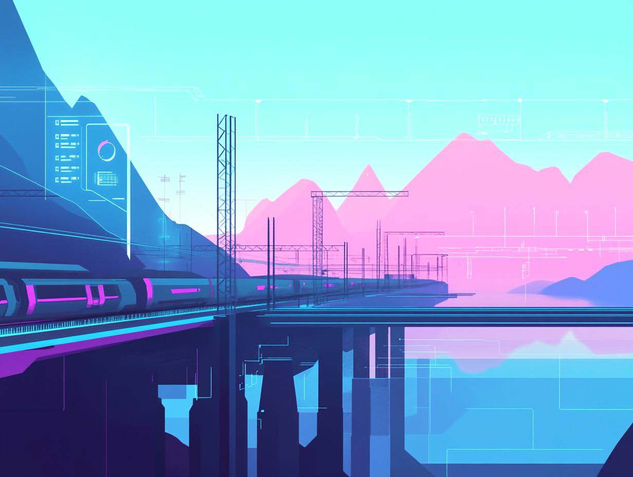 Futuristische Darstellung einer Bahnstrecke mit Hochgeschwindigkeitszug, Brückenbau und digitalen Elementen in einer Berglandschaft.