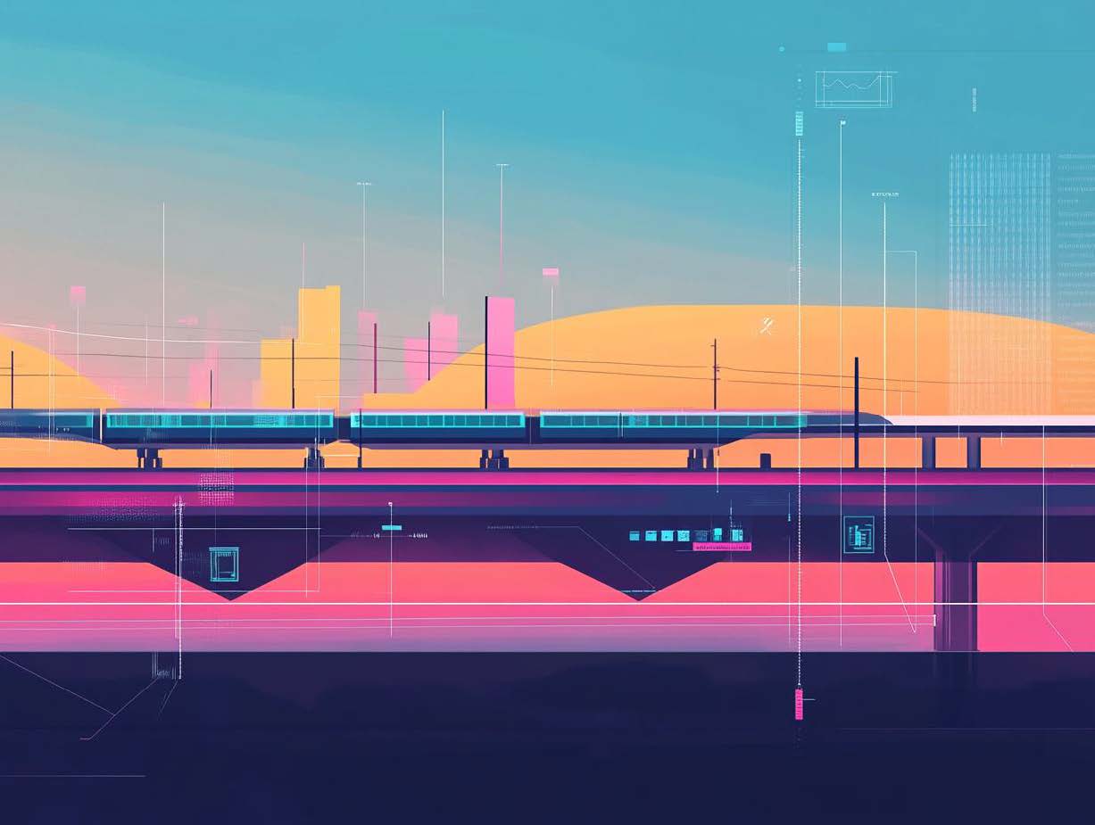 Futuristische Darstellung eines Hochgeschwindigkeitszugs auf einer modernen Bahnstrecke mit digitalisierten Elementen und abstrakter Skyline im Hintergrund.