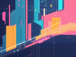 Abstrakte digitale Stadtlandschaft in leuchtenden Neonfarben. Geometrische Formen in Pink, Orange, Cyan und Blau symbolisieren moderne Architektur und urbane Infrastruktur, durchzogen von feinen Linien und Lichteffekten auf einem dunklen Hintergrund.