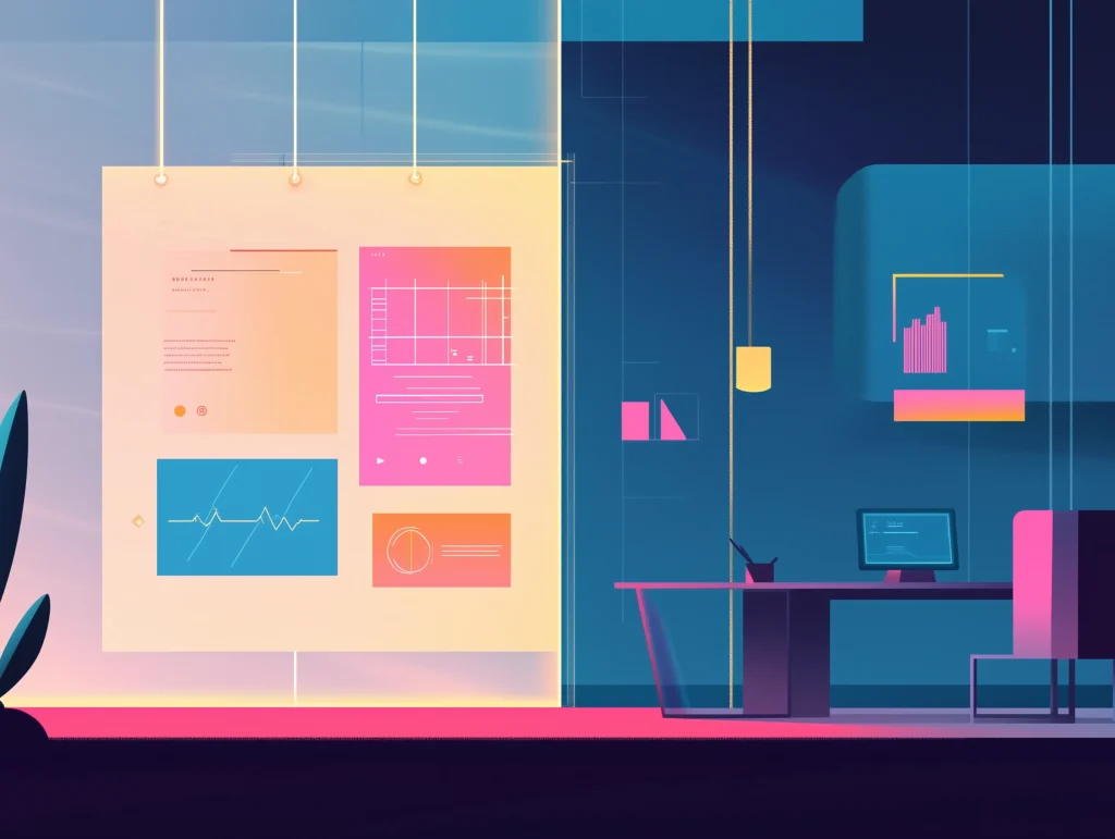 Illustration einer modernen digitalen Projektsteuerungsumgebung mit Dashboards, Projektplänen und Datenvisualisierung für Bau- und Infrastrukturprojekte