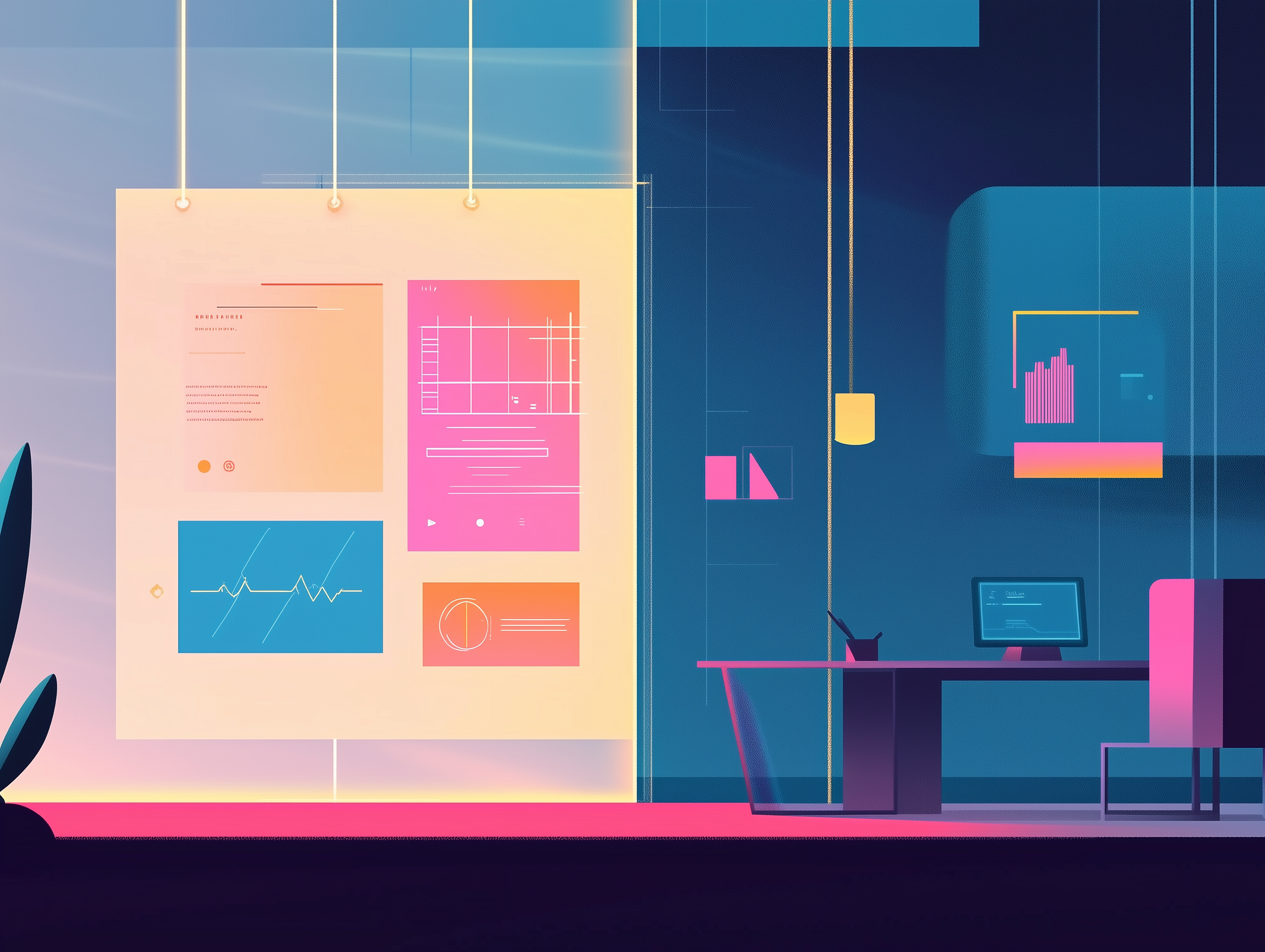Illustration einer modernen digitalen Projektsteuerungsumgebung mit Dashboards, Projektplänen und Datenvisualisierung für Bau- und Infrastrukturprojekte